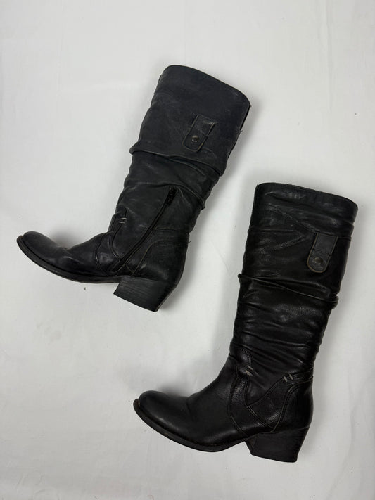 Black real leather buckle belt knee high boots (37)