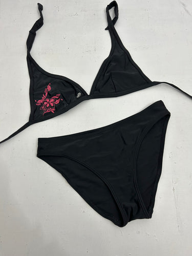 Black floral print y2k vintage bikini set (S)