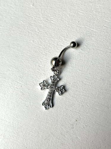 Silver gothic religious cross strass belly piercing