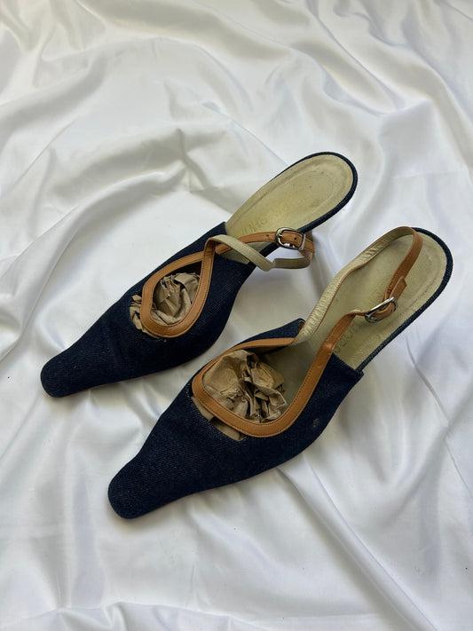 Navy denim pointed toes kitten heels (38)