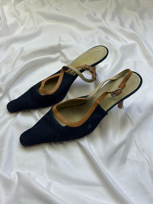Navy denim pointed toes kitten heels (38)