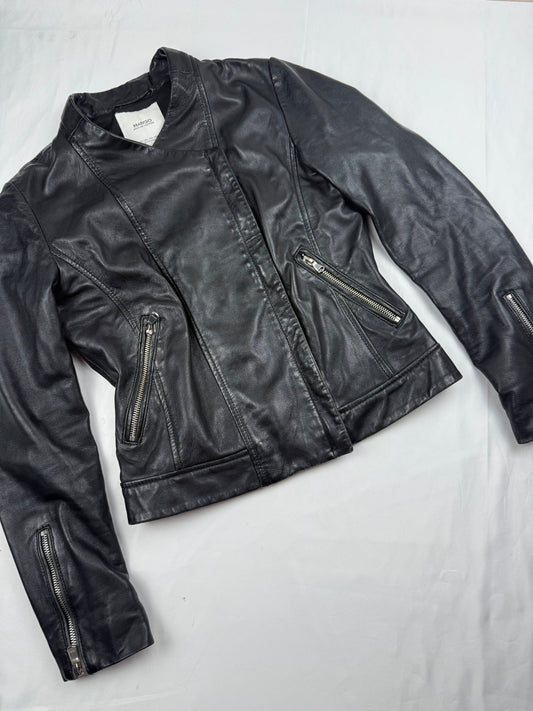 Black real leather tight fit biker jacket (XS)