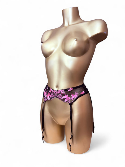 Black embroidered pink bows garter belt (S/M)