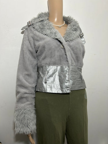 Grey faux fur jacket coat 90s y2k vintage (S/M)