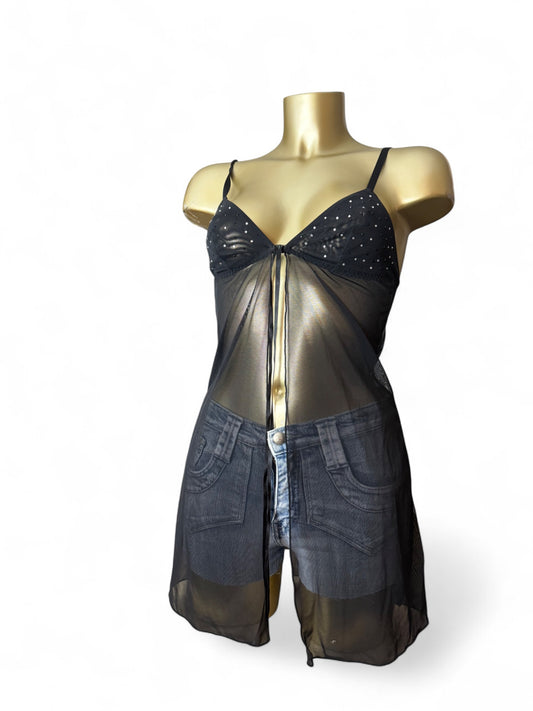 Black mesh strass babydoll mini dress (S)