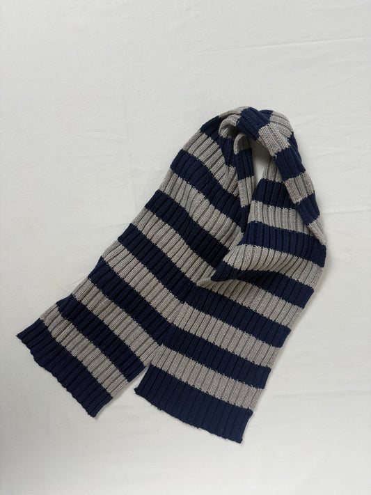 Navy & grey striped ribbed winter scarf