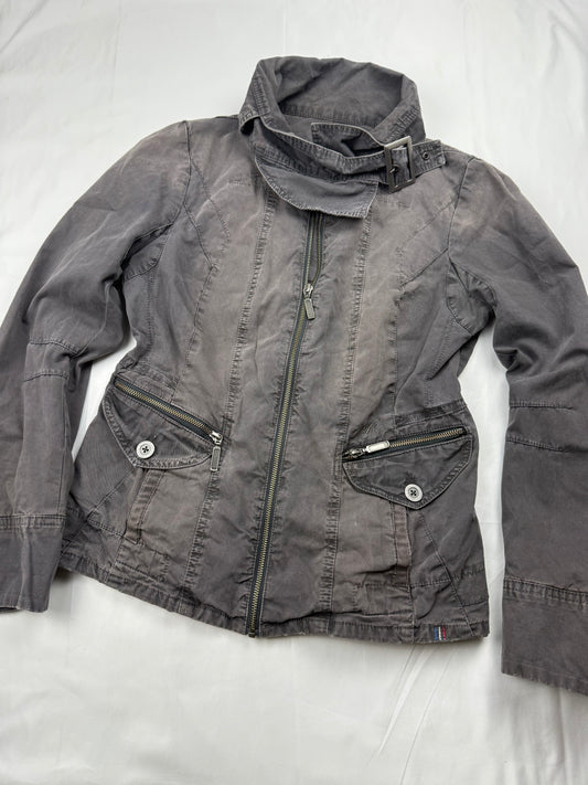 Grey cotton zip up tight fit biker jacket (L)