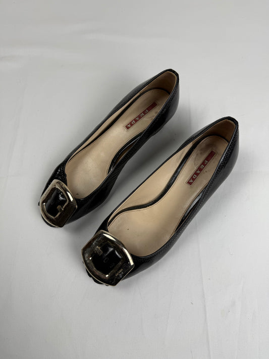 Black real leather buckle belt open toes square heels (36.5)