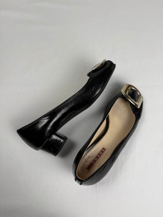 Black real leather buckle belt open toes square heels (36.5)