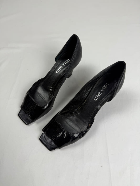 Black real leather open toes square heels (36)