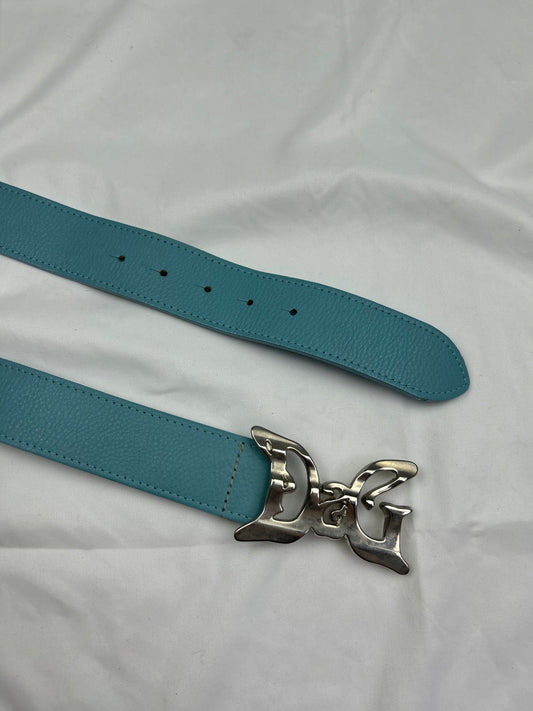 Blue metallic silver buckles 100% leather belt