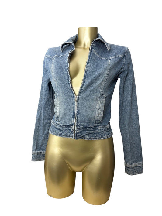 Blue denim zip up biker jacket (S)