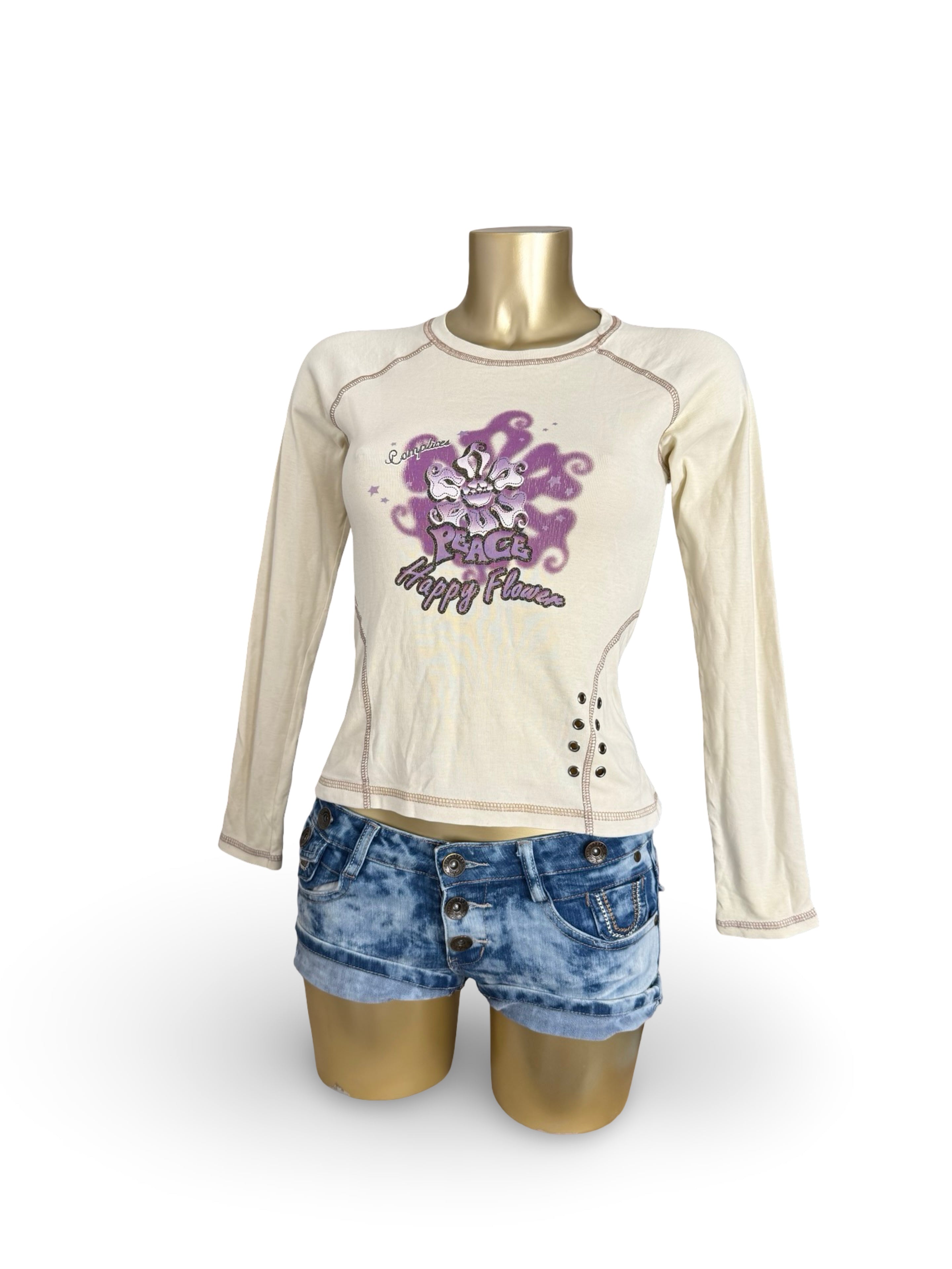 Beige graphic long sleeves top (S)
