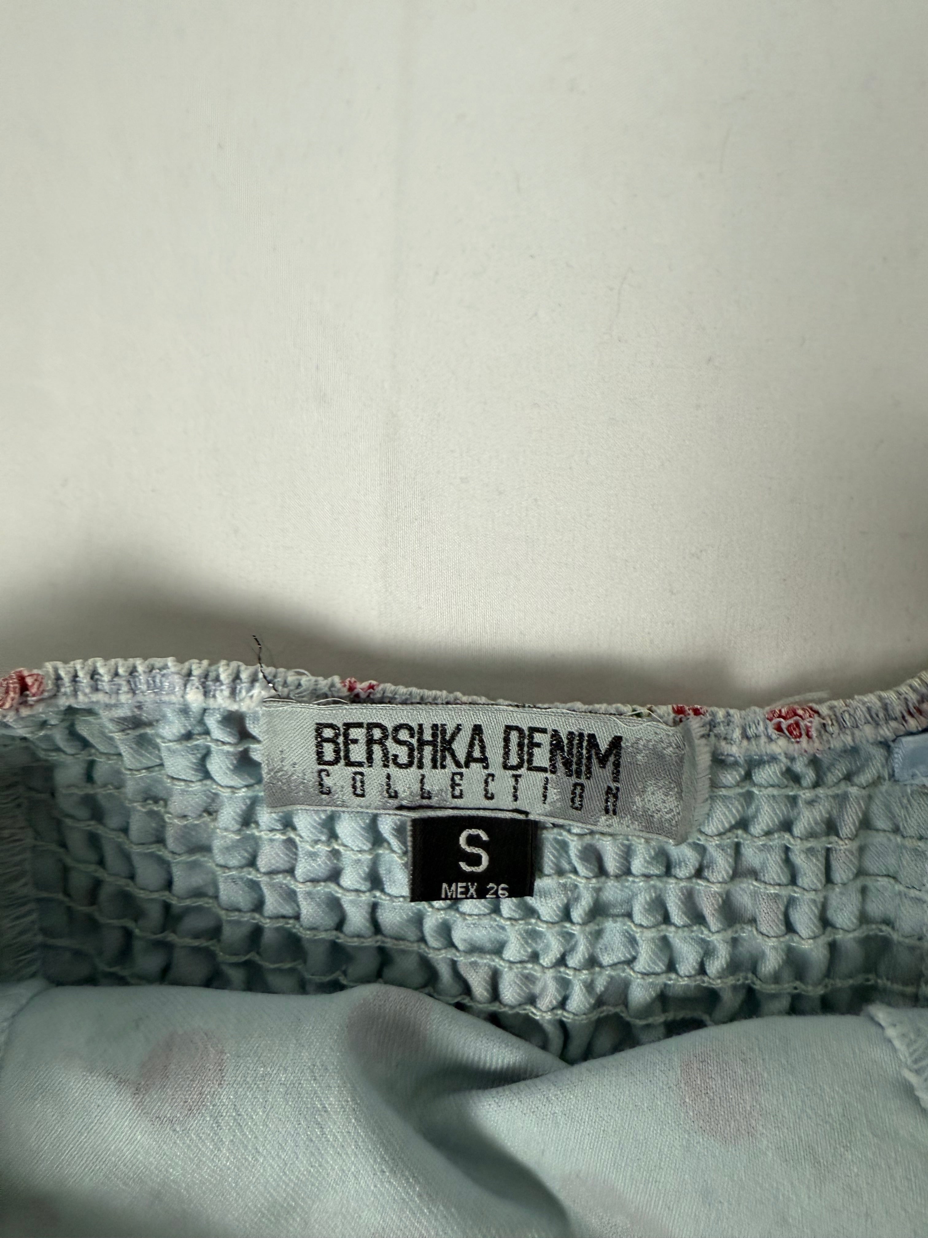 Baby blue cherry print denim corset top (S)