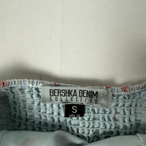 Baby blue cherry print denim corset top (S)