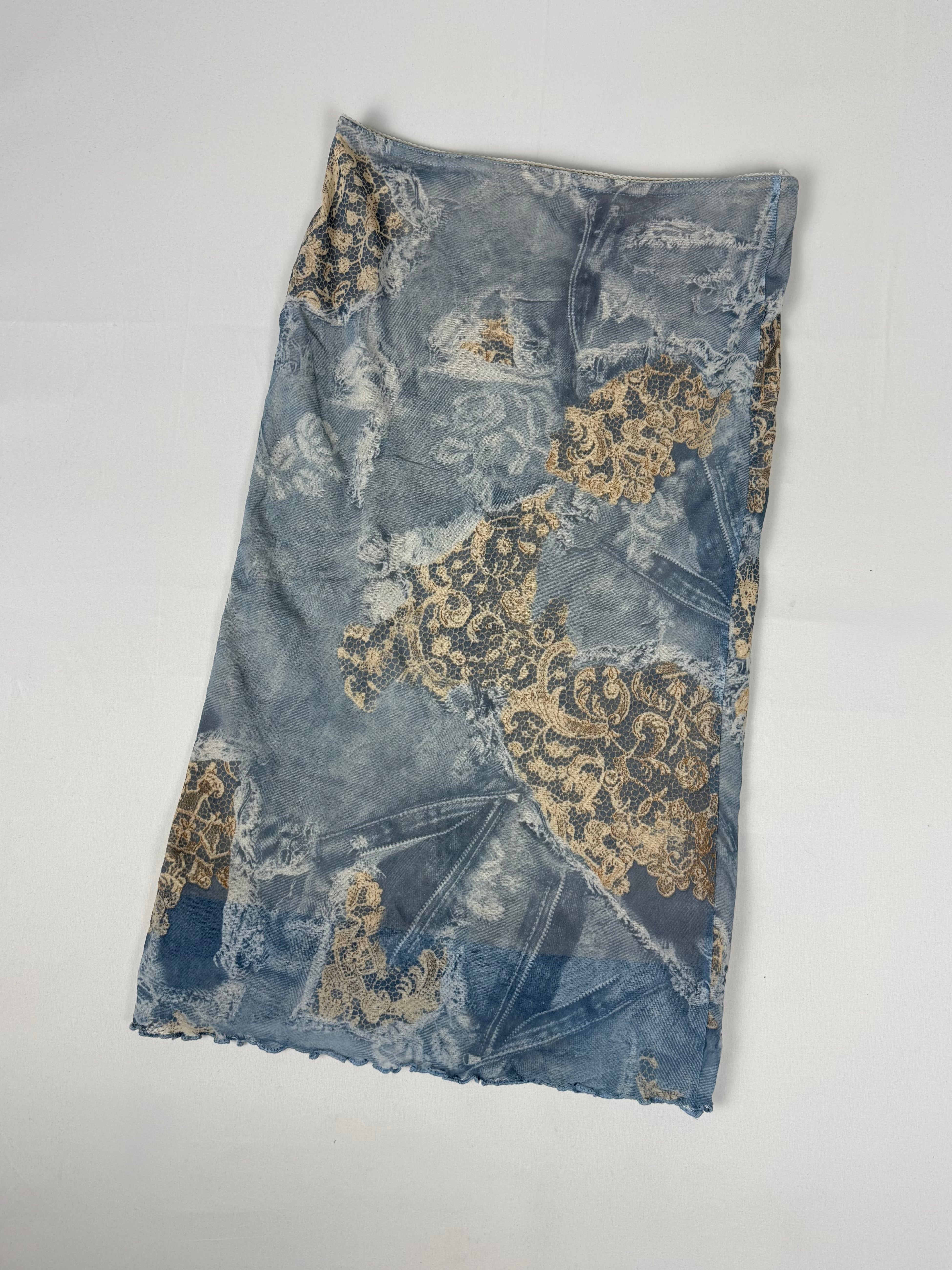 Blue graphic mesh lined low rise maxi skirt (S/M)