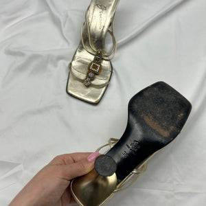 Gold rhinestones square toes real leather mules (36)
