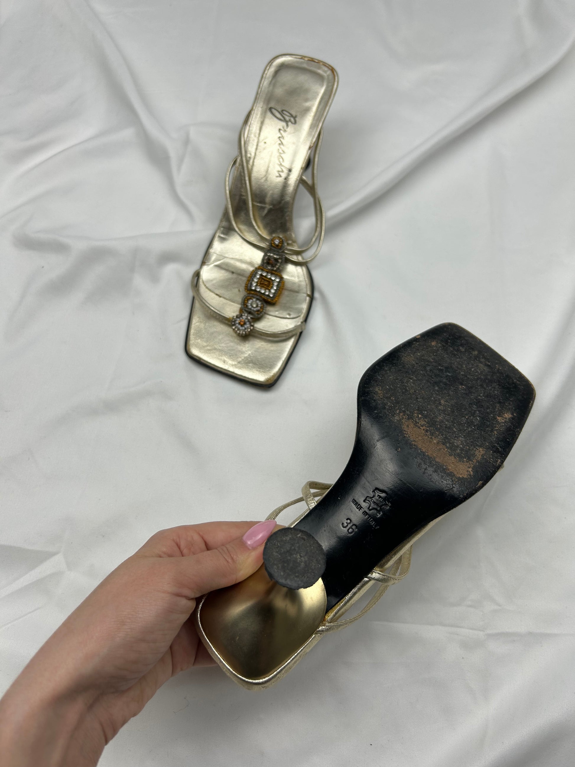 Gold rhinestones square toes real leather mules (36)