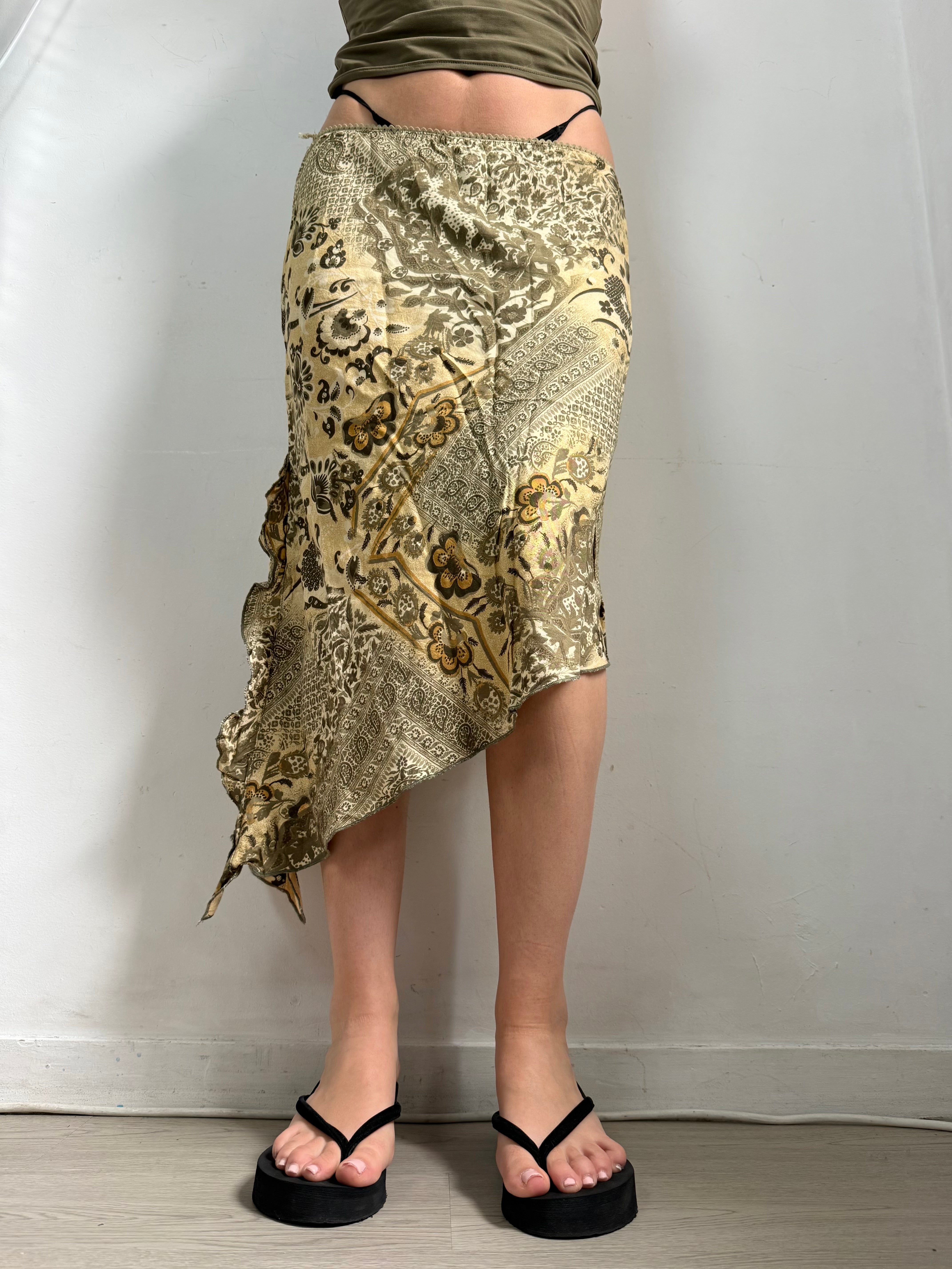 Khaki cotton low rise asymmetric maxi skirt (S/M)