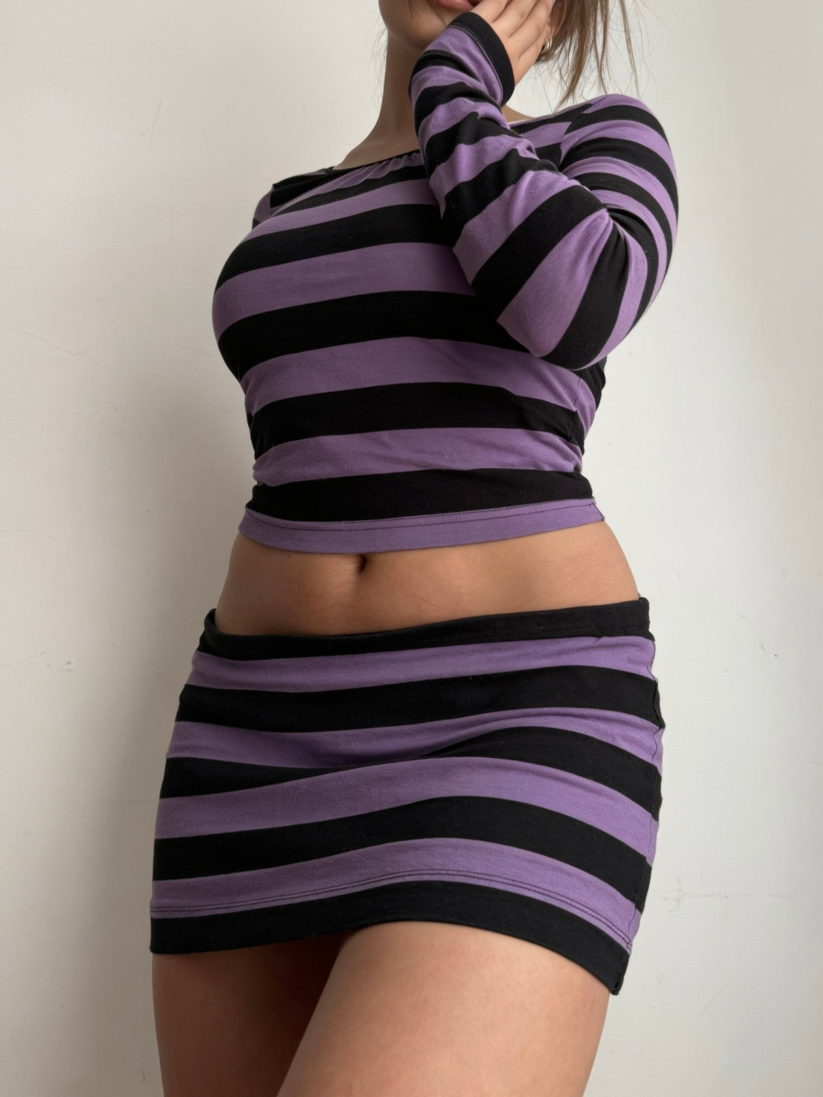Purple striped top + mini skirt set (S)