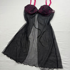 Black & pink mesh lace open front babydoll dress (S)