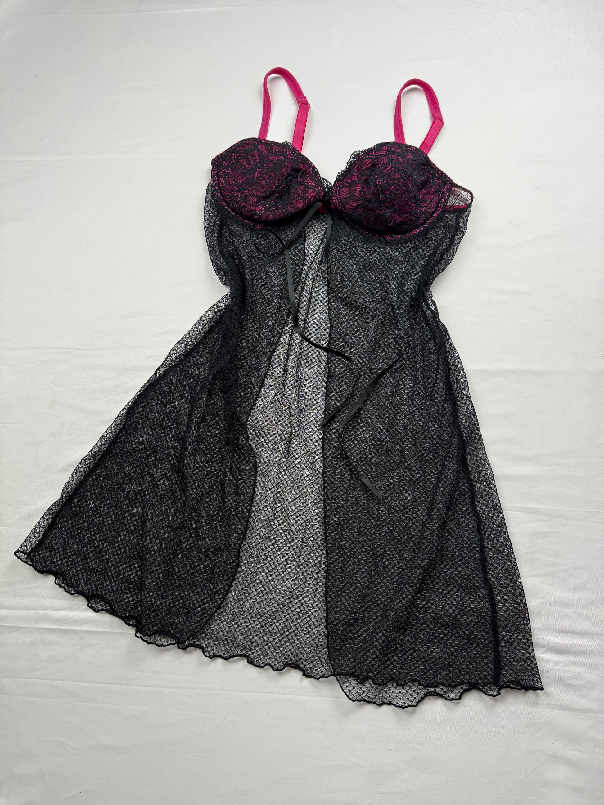Black & pink mesh lace open front babydoll dress (S)