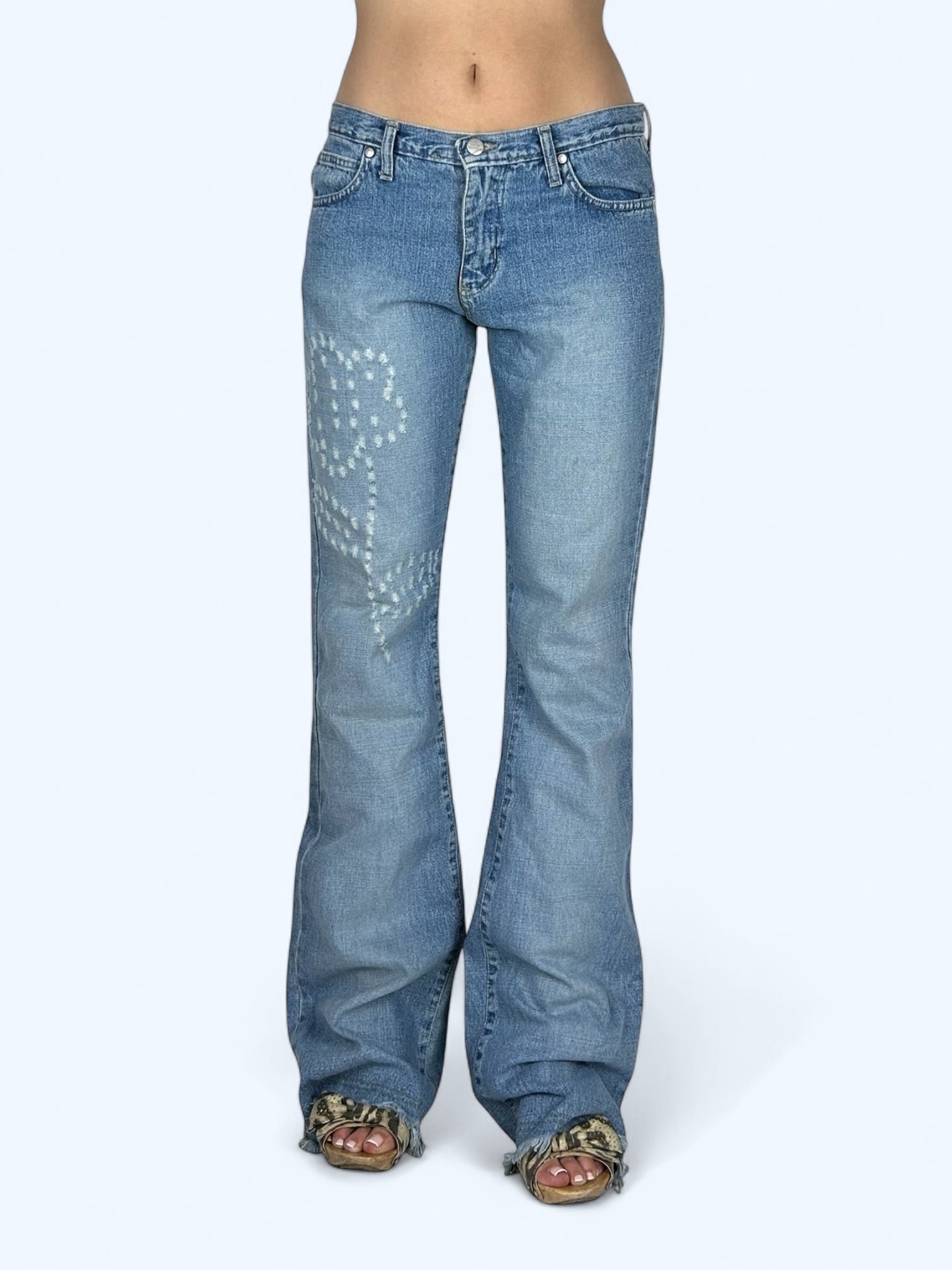 Blue denim low rise flare pants (M)