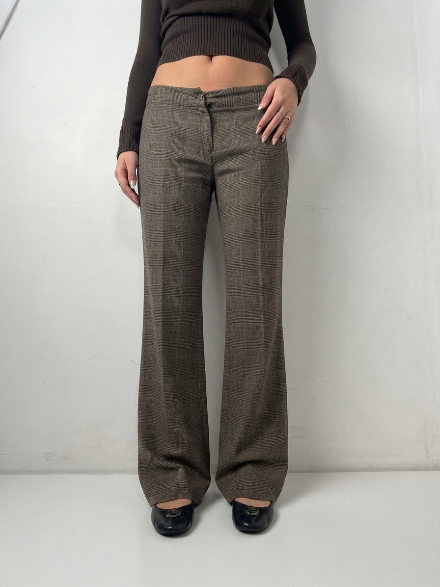 Beige check print low waist flare office pants (L)