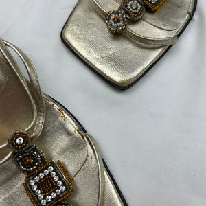 Gold rhinestones square toes real leather mules (36)