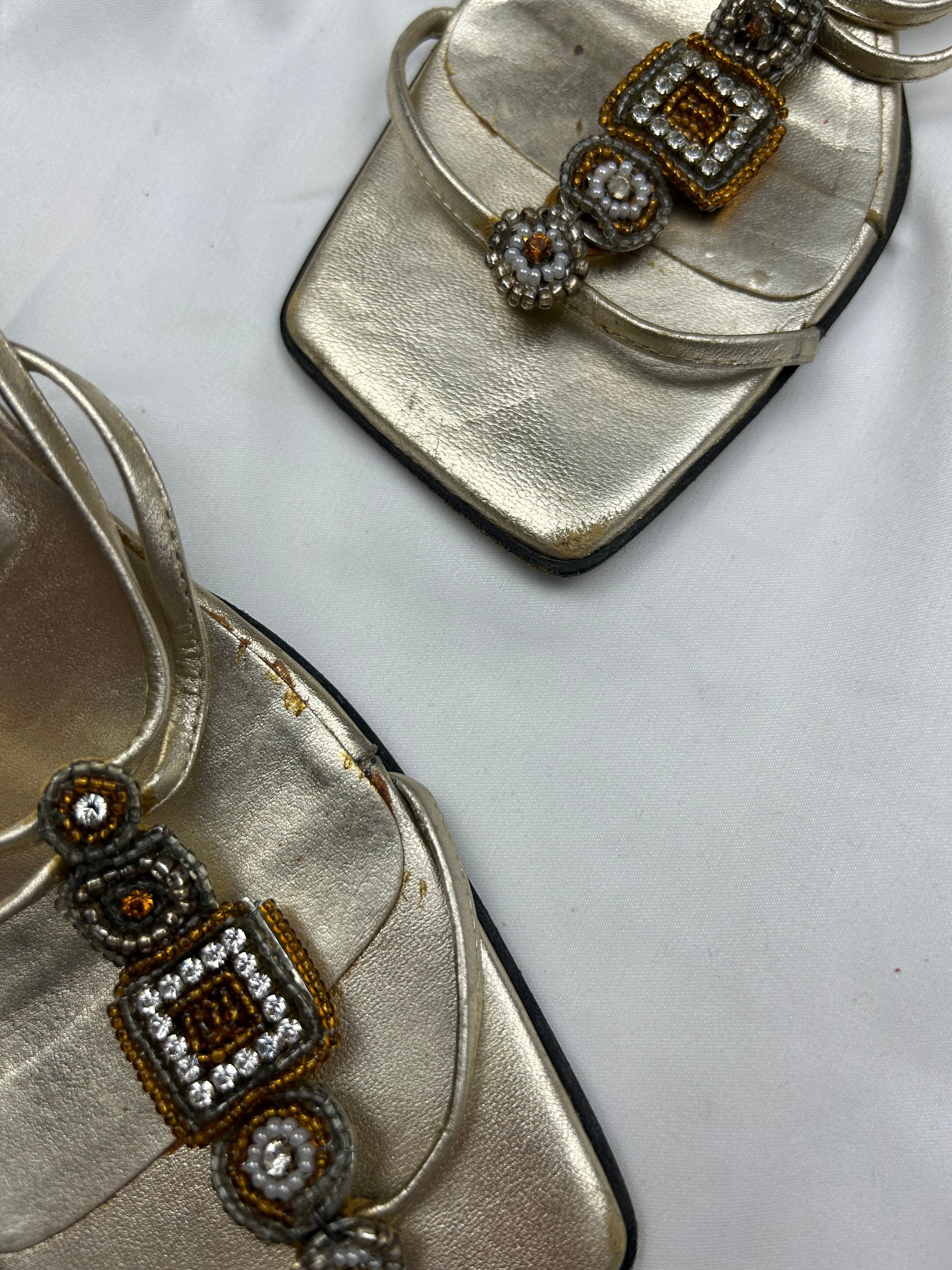 Gold rhinestones square toes real leather mules (36)