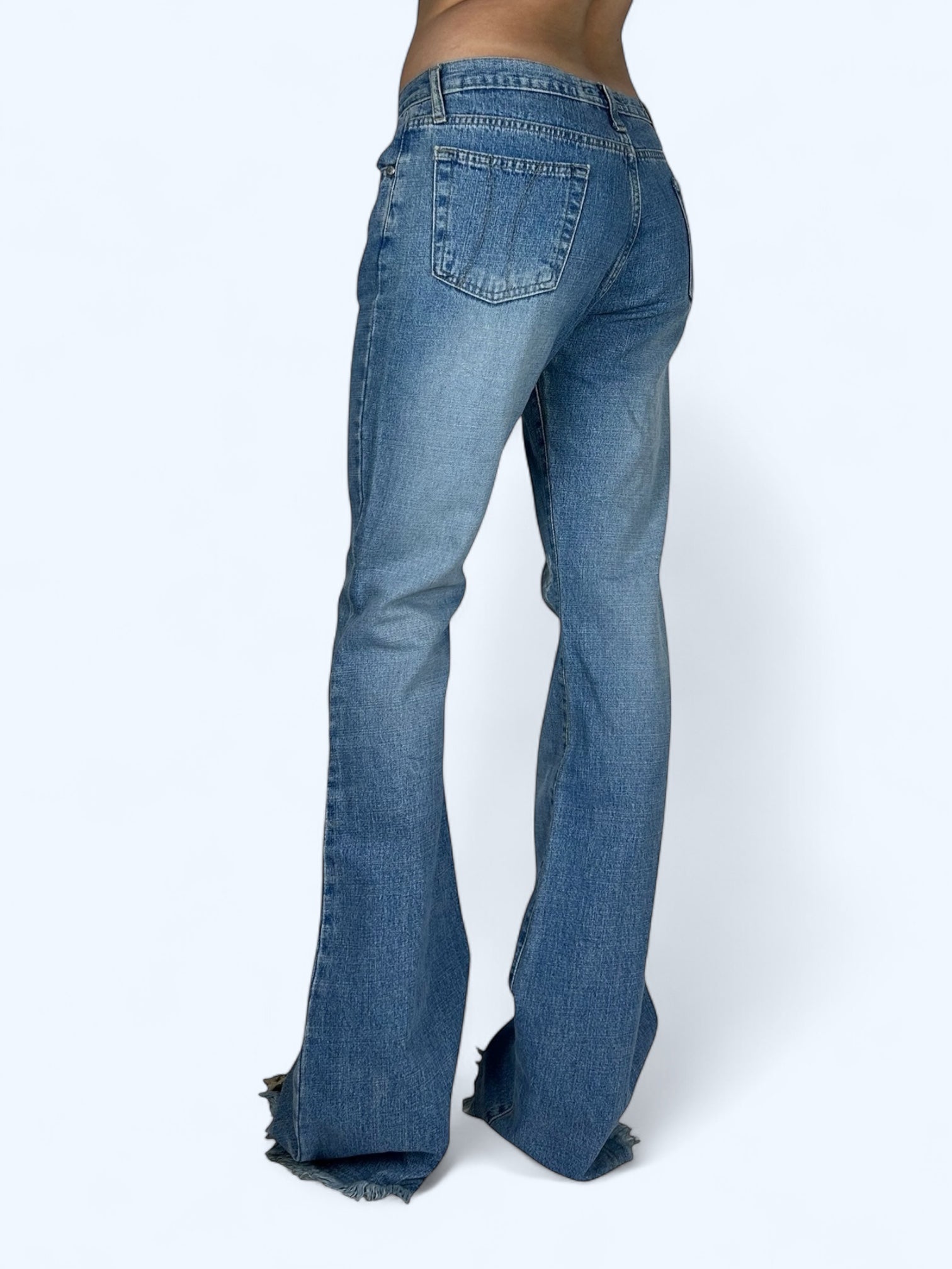 Blue denim low rise flare pants (M)