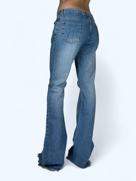 Blue denim low rise flare pants (M)