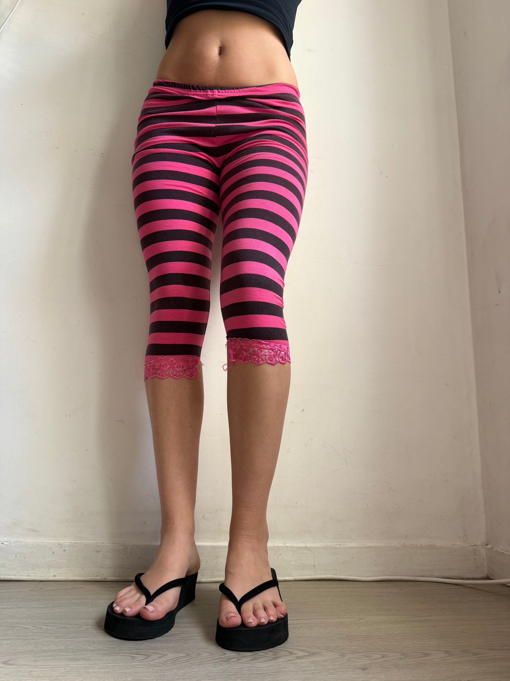 Pink & black striped leggings capri pants (XS)