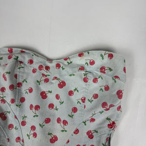 Baby blue cherry print denim corset top (S)
