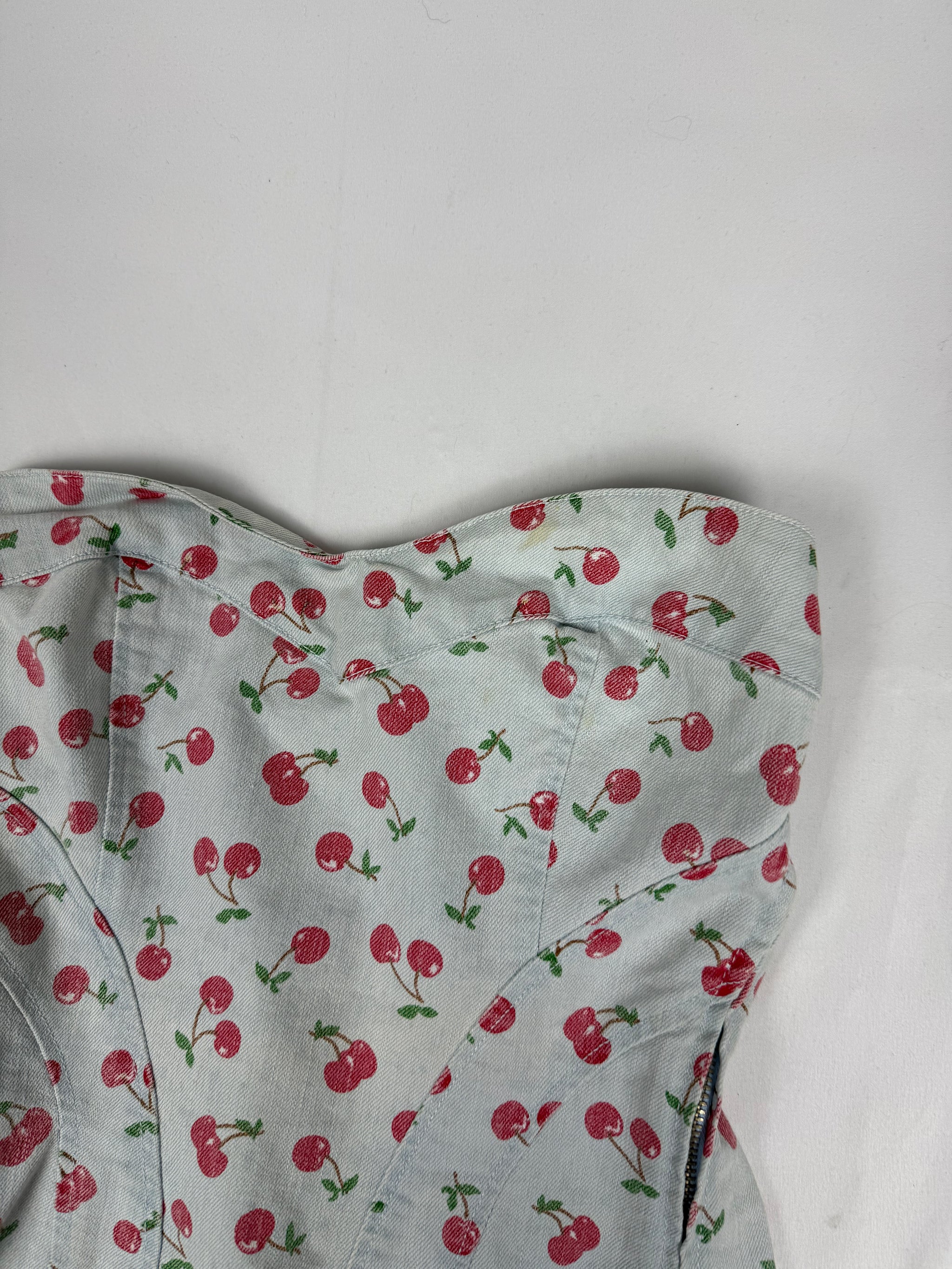 Baby blue cherry print denim corset top (S)