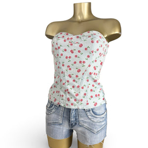 Baby blue cherry print denim corset top (S)