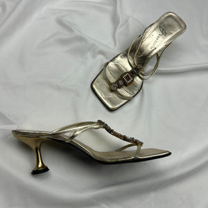 Gold rhinestones square toes real leather mules (36)
