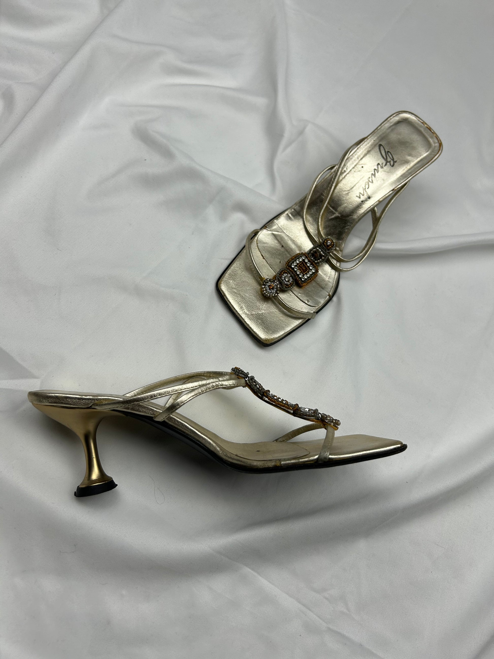 Gold rhinestones square toes real leather mules (36)