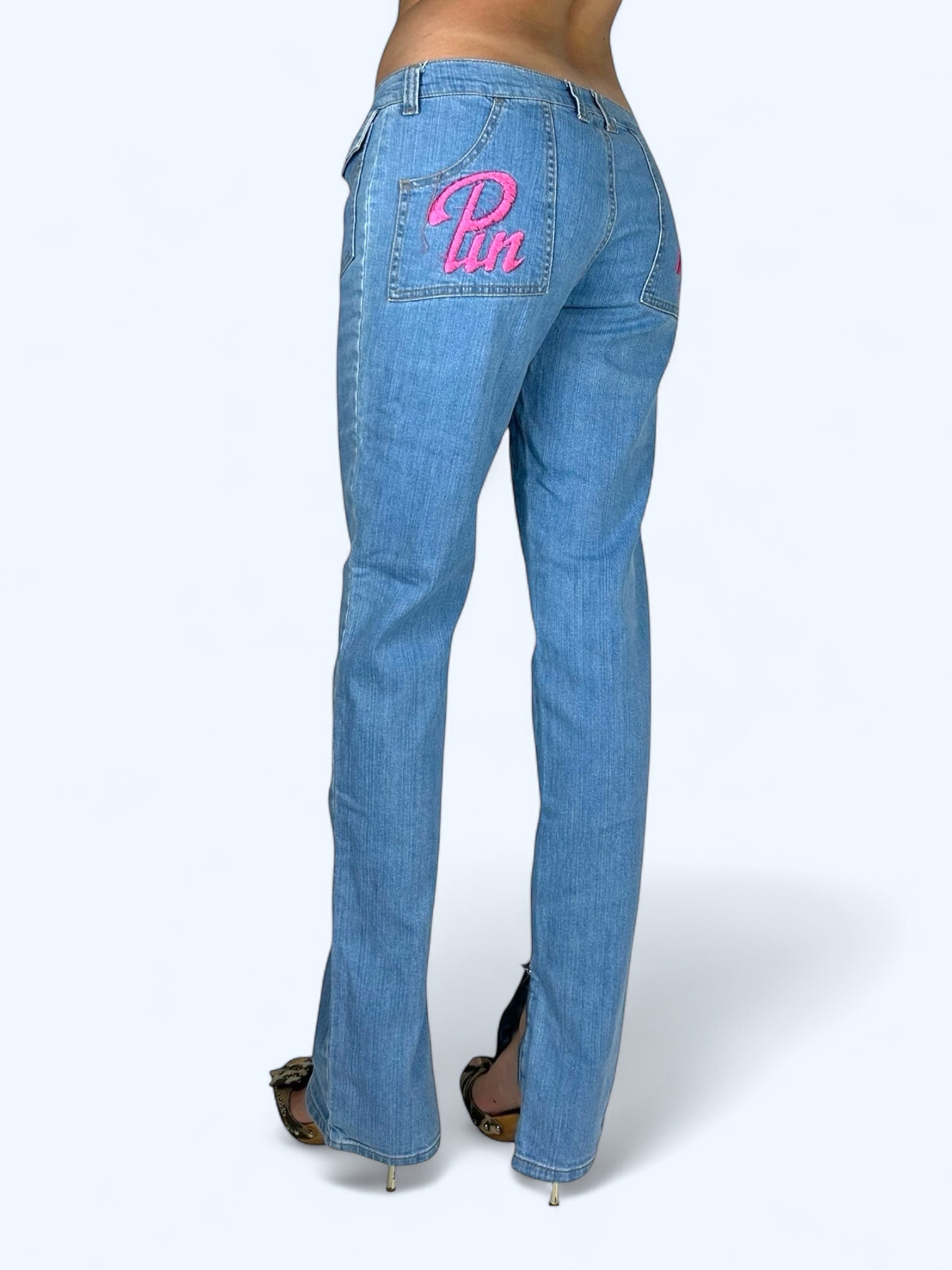 Blue denim low rise straight legs pants (S)