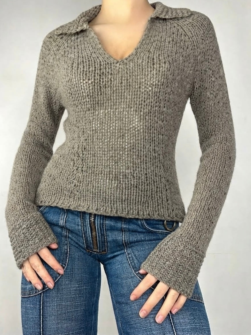 Pull en maille crochet à col roulé kaki (M/L)