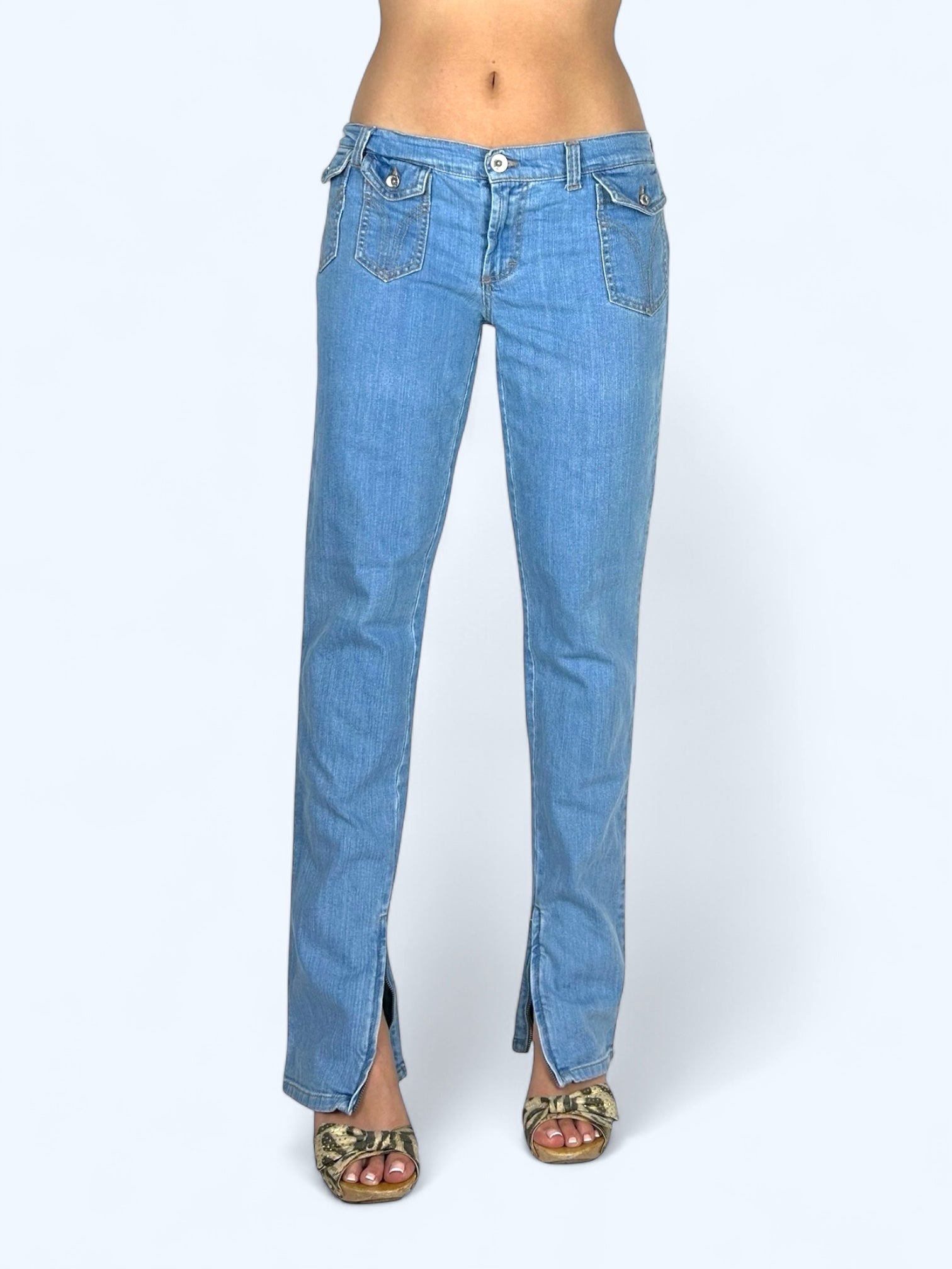 Blue denim low rise straight legs pants (S)