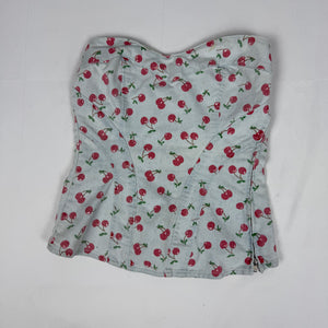 Baby blue cherry print denim corset top (S)