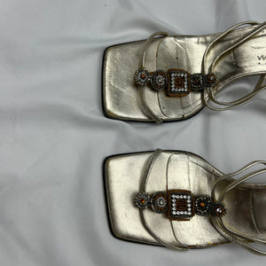 Gold rhinestones square toes real leather mules (36)