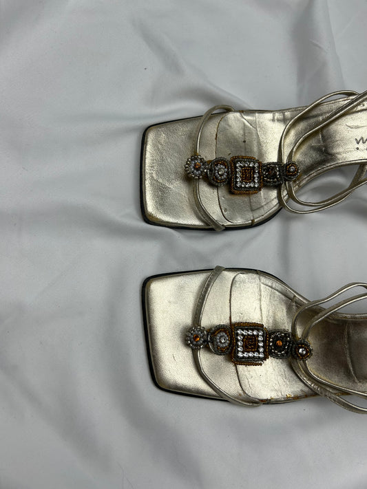 Gold rhinestones square toes real leather mules (36)