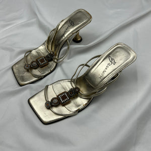 Gold rhinestones square toes real leather mules (36)