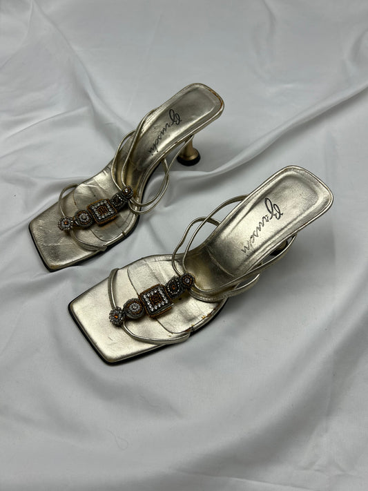 Gold rhinestones square toes real leather mules (36)