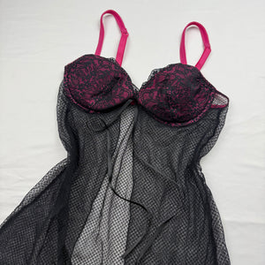 Black & pink mesh lace open front babydoll dress (S)