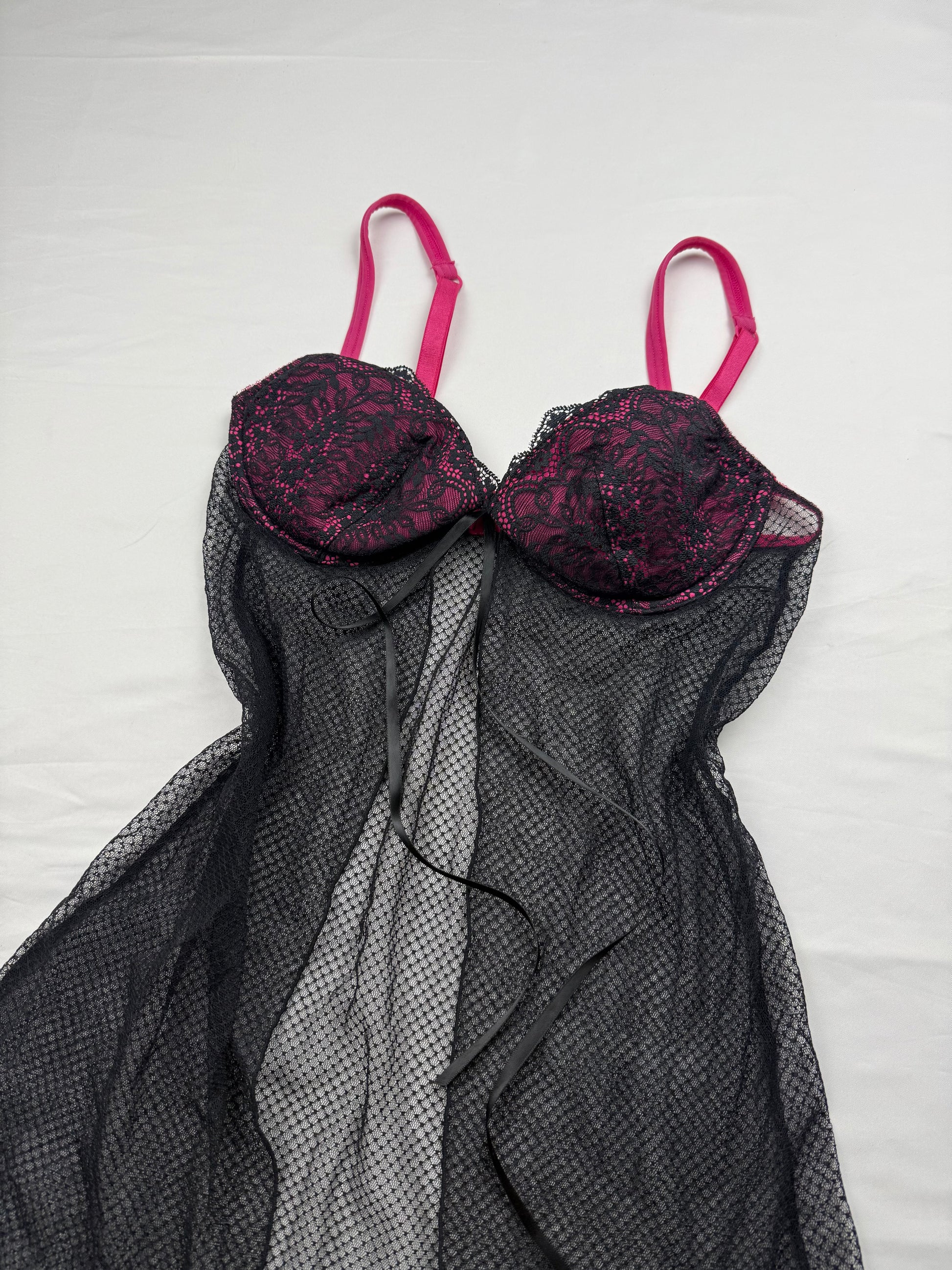 Black & pink mesh lace open front babydoll dress (S)