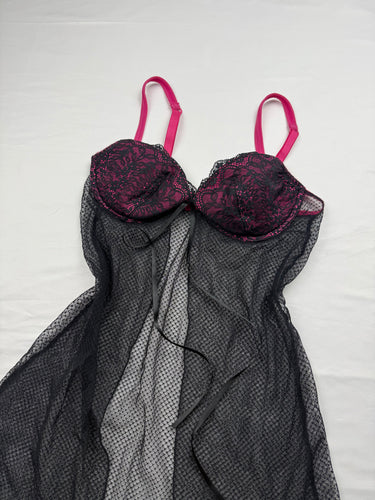 Black & pink mesh lace open front babydoll dress (S)