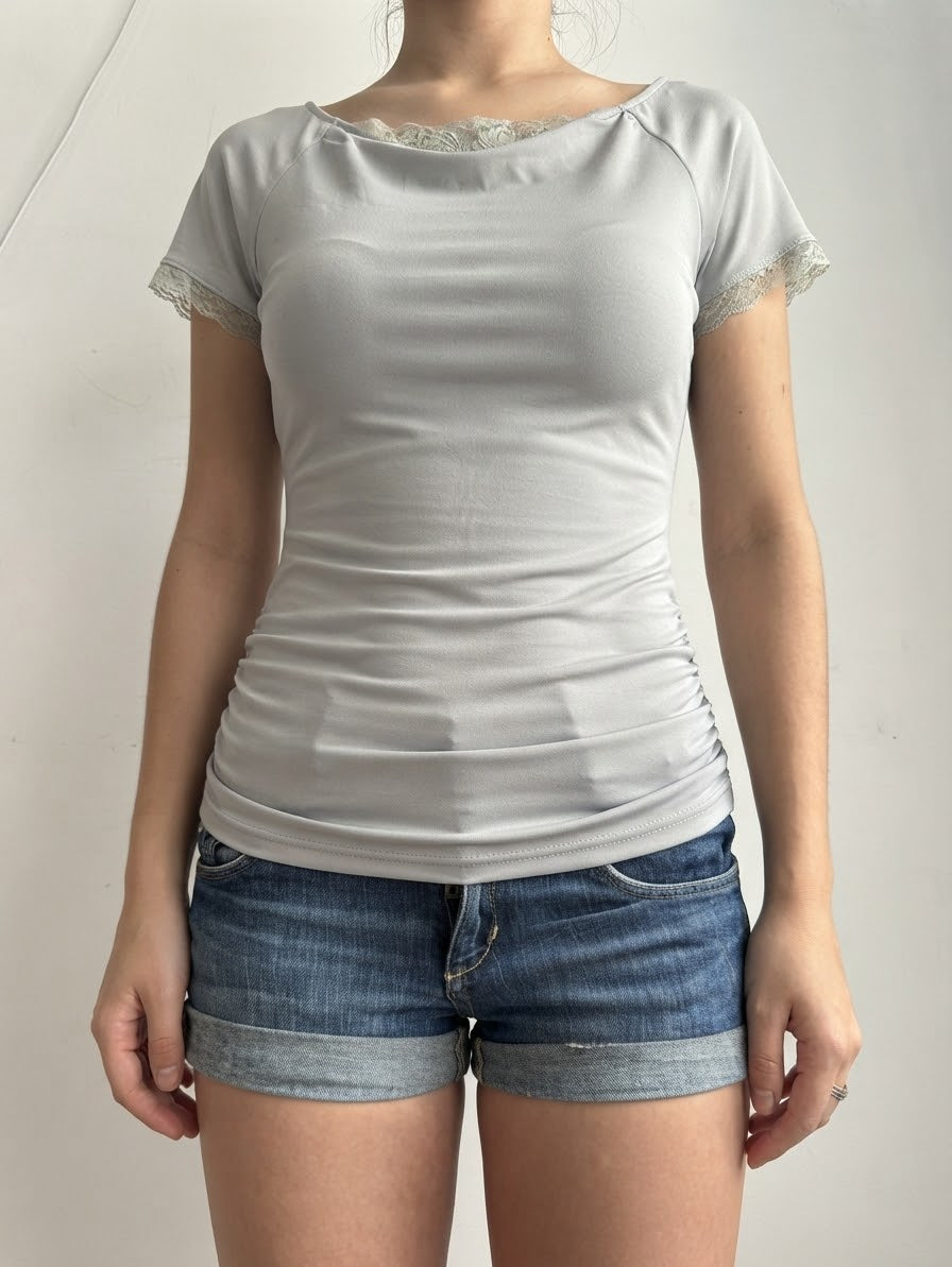 Grey lace lycra ruched tee (M)